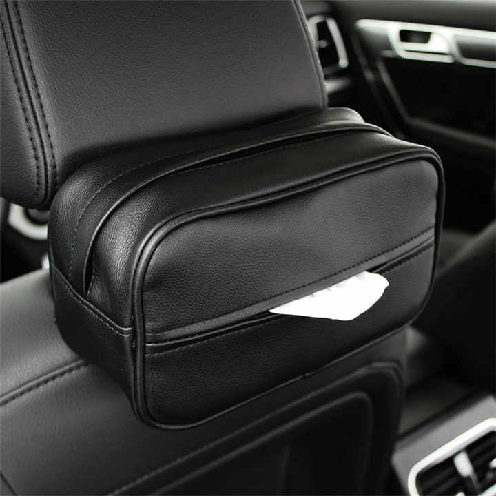 V888-ELOSUNG17190-215346-00 Black Multifunctional PU Leather Car Tissue Box Holder – Compact, Stylish, and Easy to Install with Headrest and Sun Visor Mounting Options - Image 1