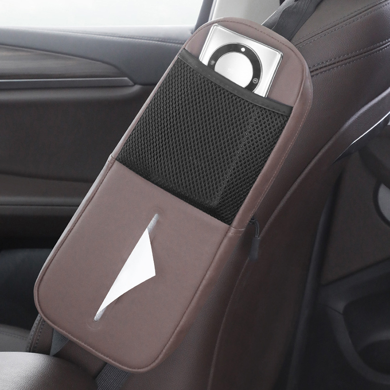 V888-ELOSUNG17196-215031-00 Coffee Multifunctional Car Seat Side Organizer with PU Leather Tissue Holder and Mesh Pocket - Compact Storage Bag for Phones and Accessories(Mobile phones and tissues are filming props, not included) - Image 1