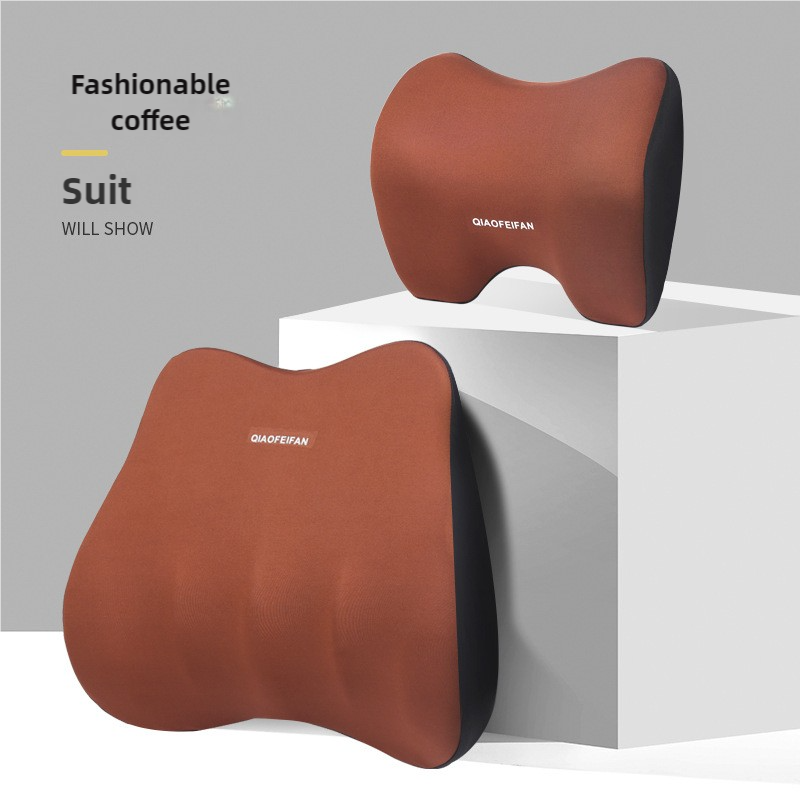 V888-ELOSUNG17199-215054-00 Coffee Memory Foam Car Seat Neck and Lumbar Support Set - Ergonomic Cushion for Office, Home, and Driving - Image 1