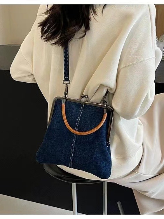 V888-ELOSUNG17218-215124-00 Dark Blue Handmade Denim Patchwork Small Crossbody Bag - Women's Shoulder & Handbag with Vintage Style - Image 1
