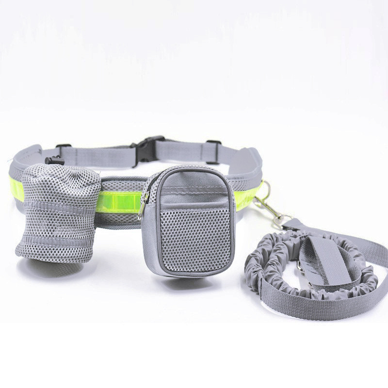 V888-ELOSUNG17327-215646-00 Grey Reflective Pet Waist Bag with Hands-Free Leash for Night Safety - Adjustable Waist Pack with Detachable Pouches - Image 1