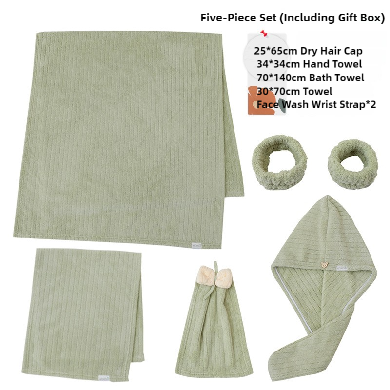 V888-ELOSUNG17455-216067-00 Green Soft Coral Fleece Towel and Bath Towel Gift Set - 5-Piece Luxurious Absorbent Set - Image 1