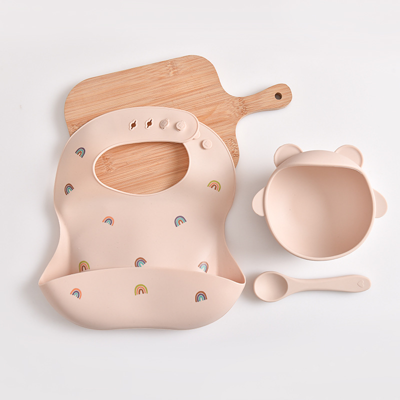 V888-ELOSUNG17460-216115-00 Rainbow Pattern Beige Soft and Safe Silicone Baby Feeding Set - Bib, Bowl, and Spoon Combo for Mess-Free Meals - Image 1