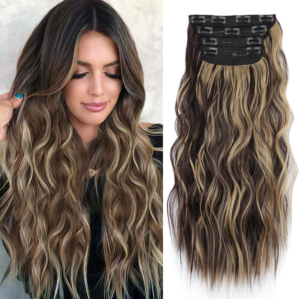 V888-ELOSUNG17506-216311-00 4 Pcs Set Brown High-Quality Wavy Clip-In Hair Extensions Set - 50cm, 200g, Synthetic Fiber - Voluminous Beach Waves for Instant Hair Makeover - Image 1