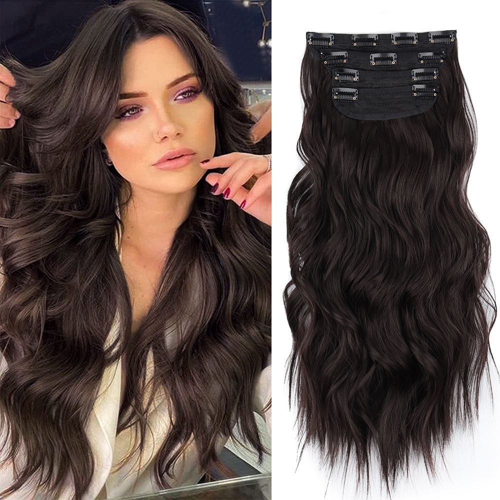 V888-ELOSUNG17507-216312-00 4 Pcs Set Dark Brown High-Quality Wavy Clip-In Hair Extensions Set - 50cm, 200g, Synthetic Fiber - Voluminous Beach Waves for Instant Hair Makeover - Image 1