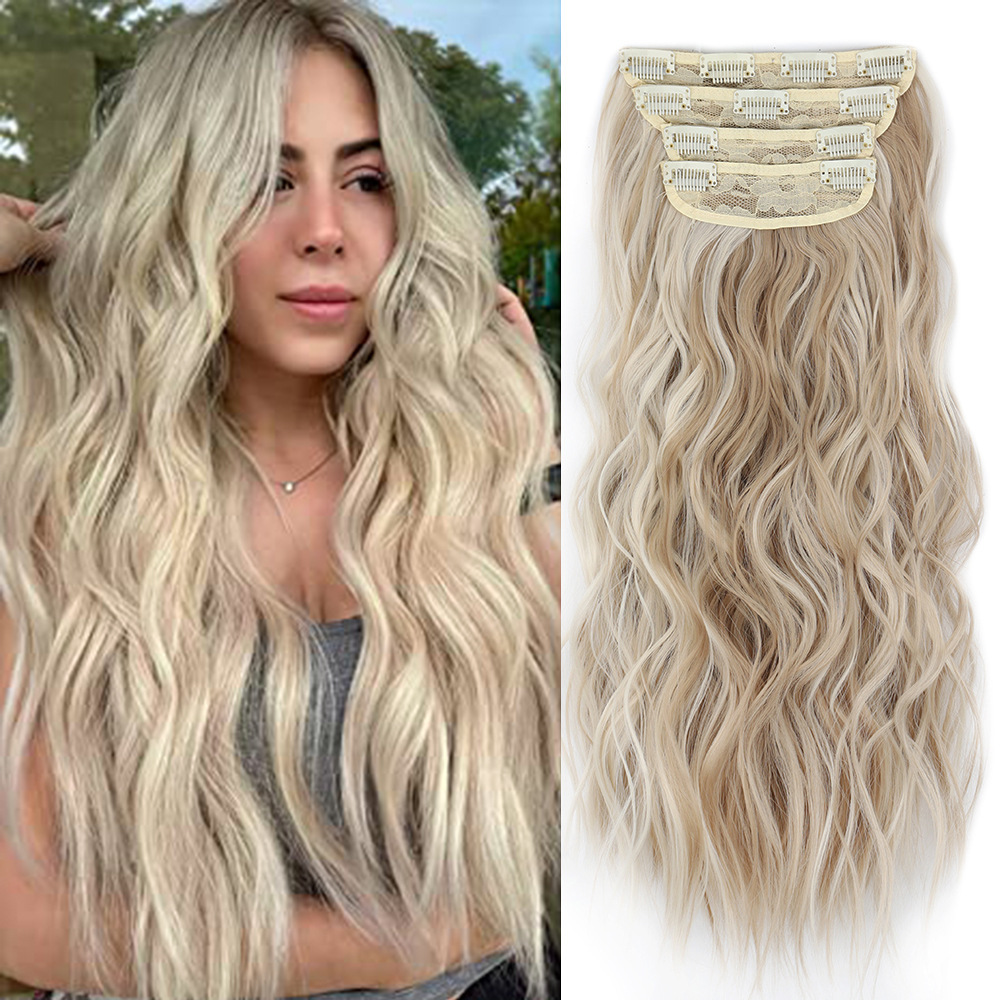 V888-ELOSUNG17509-216317-00 4 Pcs Set Light Gold High-Quality Wavy Clip-In Hair Extensions Set - 50cm, 200g, Synthetic Fiber -Voluminous Beach Waves for Instant Hair Makeover - Image 1
