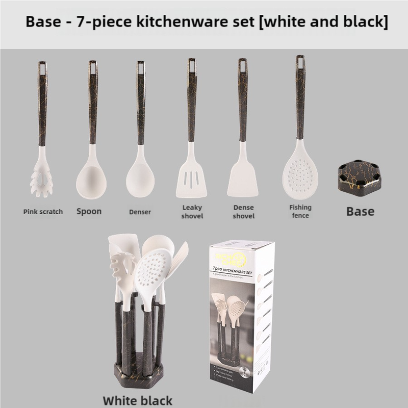 V888-ELOSUNG17549-216496-00 White And Black Set High-Temperature Resistant 7-Piece Silicone Kitchen Utensils Set – Non-Stick Cooking Tools, Food-Grade Silicone, Heat-Resistant Spatulas, and Spoons for Non-Stick Pans - Image 1