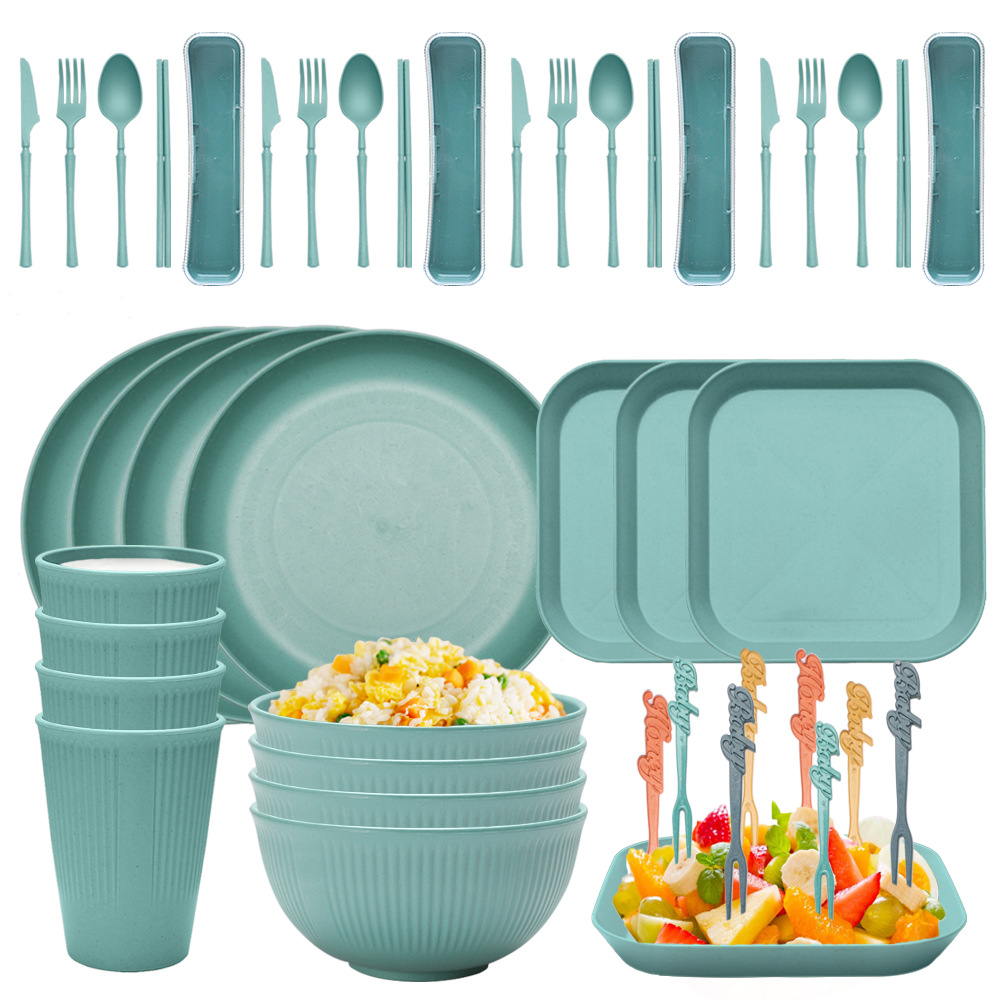 V888-ELOSUNG17616-216655-00 Four-person Set Green Eco-Friendly Wheat Straw Dinnerware Set, Plate, Bowl, Cup & Utensil Set - Lightweight, Reusable, and Durable for Home, School, and Travel - Image 1