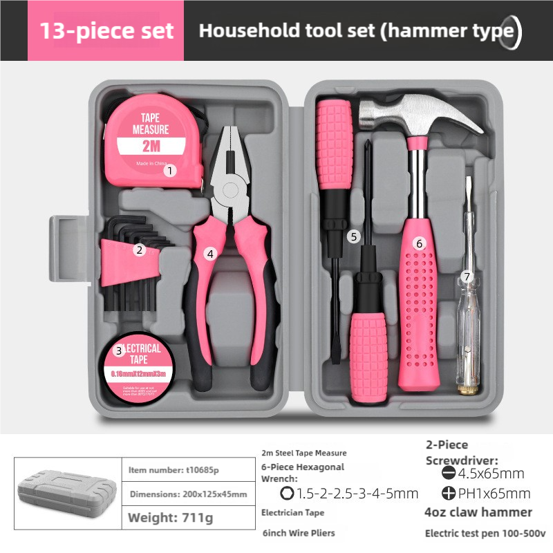 V888-ELOSUNG17626-216929-00 13-Piece Pink Household Tool Set, Complete Home Repair Kit with Tape Measure, Screwdrivers, Hammer, and Pliers - Image 1