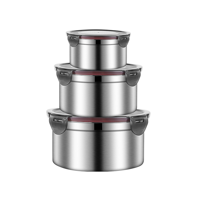 V888-ELOSUNG17701-219289-00 Brown 3-Piece 304 Stainless Steel Food Storage Set with Leak-Proof Lids – Round Design for Fridge and Meal Prep - Image 1