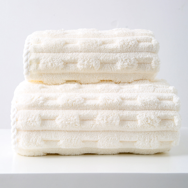 V888-ELOSUNG17784-223318-00 Off White Thickened Coral Fleece Towel Set, Large Bath Towel & Face Towel Combo, Soft & Absorbent Towels for Home Use - Image 1
