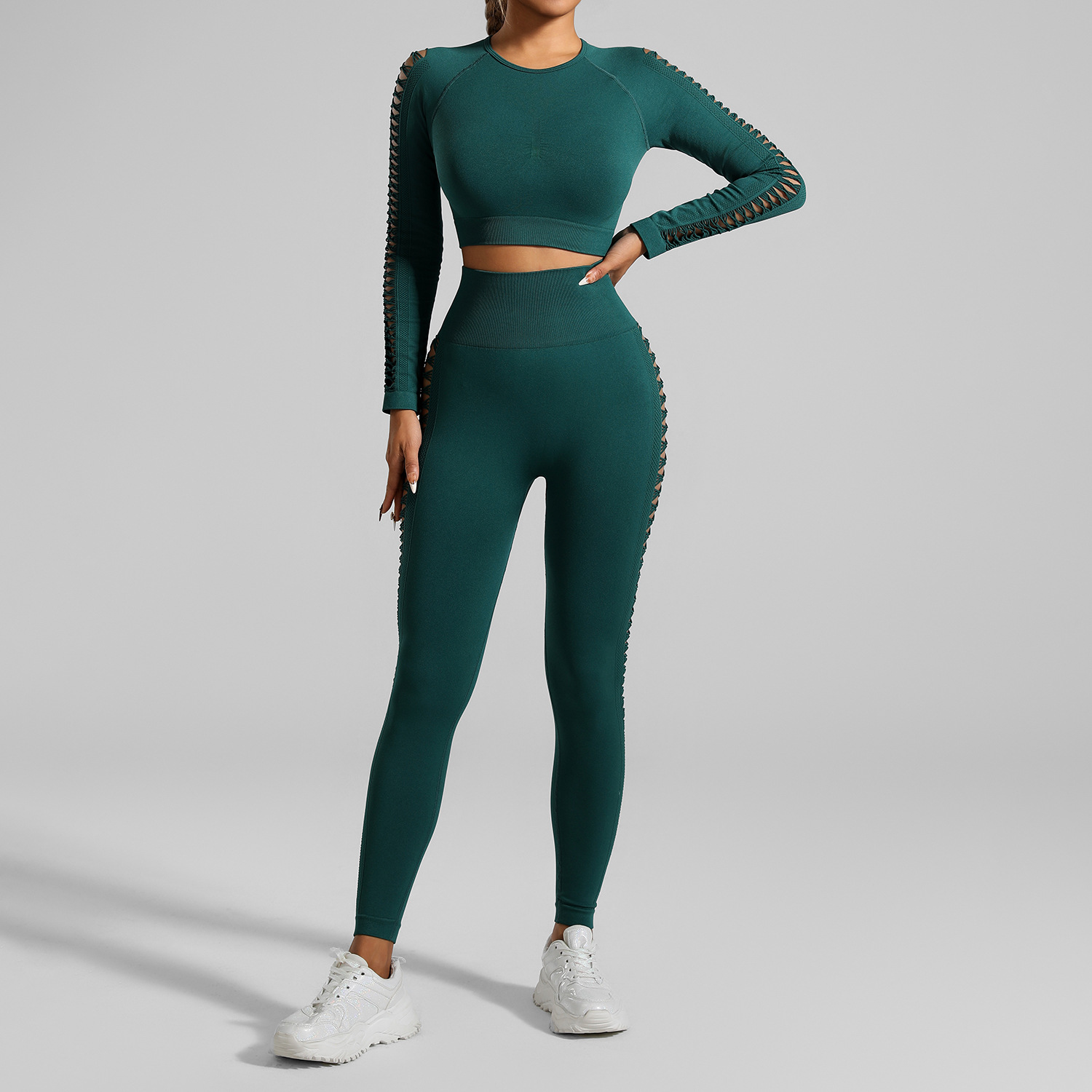 V888-ELOSUNG17864-224604-00 Dark Green Size S Tie-Dye Yoga Set Long Sleeve Butt Lift Leggings Seamless Workout Training Gym Clothes - Image 1