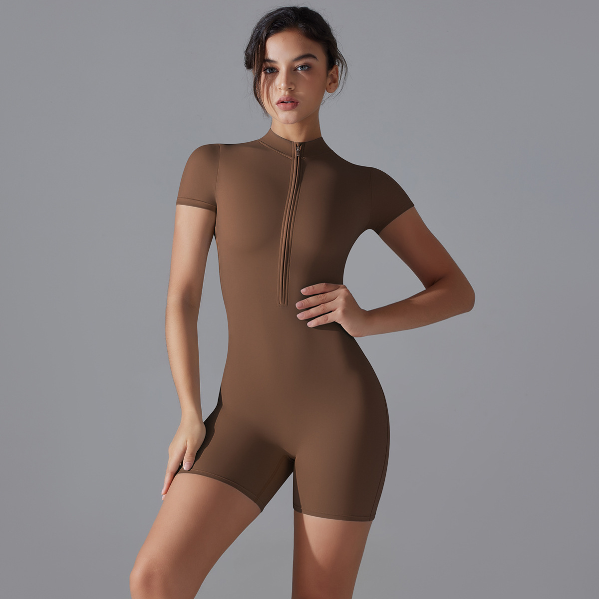 V888-ELOSUNG17875-224664-00 Brown Size S Women's Summer Zip-Up Bodysuit - Short Sleeve, High Stretch Yoga & Dance Outfit, Breathable Fitness Wear - Image 1