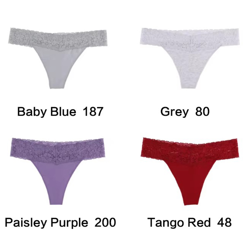 V888-ELOSUNG17936-224675-00 Size L Lace-Trimmed Thong Underwear - 4-Pack in Baby Blue,Grey,Paisley Purple and Tange Red - Image 1