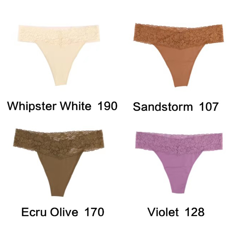 V888-ELOSUNG17938-224681-00 Size XL Lace-Trimmed Thong Underwear - 4-Pack in Whipster White,Sandstorm,Ecru Olive and Violet - Image 1
