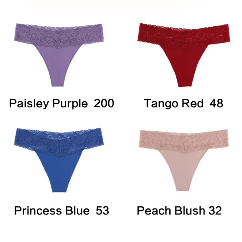 V888-ELOSUNG17945-224150-00 Size XL Lace-Trimmed Thong Underwear -4-Pack in Paisley Purple,Tango Red,Princess Blue and Peach Blush - Image 1
