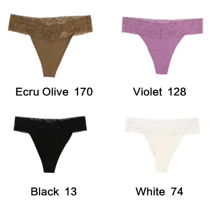 V888-ELOSUNG17949-224162-00 Size S Lace-Trimmed Thong Underwear -4-Pack in Ecru Olive,Violet,Black and White - Image 1