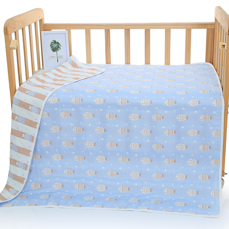 V888-ELOSUNG18014-225008-00 Blue Fish, 6-Layer Muslin Baby Blanket - Soft Cotton Bedding for Infants and Toddlers, 110x110cm - Image 1
