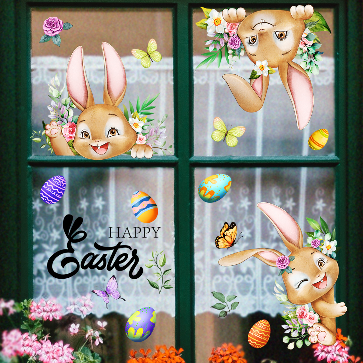 V888-ELOSUNG18070-202503051021-00 3 Sheet, Creative Easter Bunny & Egg Window Decal - Adhesive Wall Stickers for Living Room & Bedroom (60cm x 30cm) - Image 1