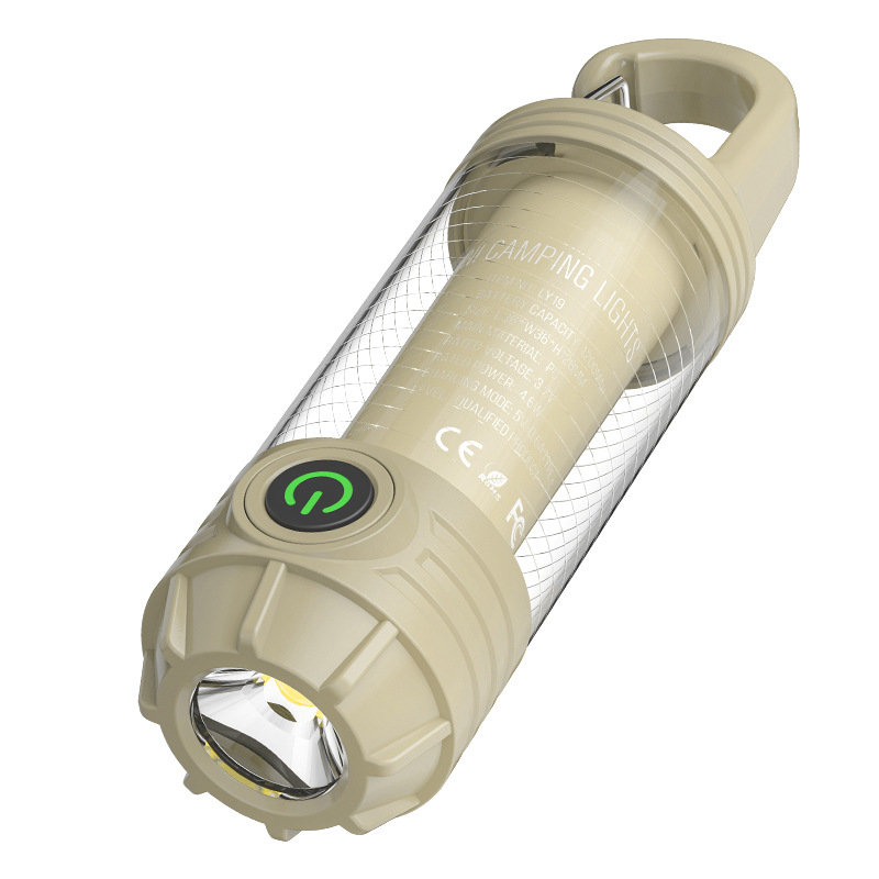 V888-ELOSUNG18104-202503211813-00 2 PCS Khaki Portable Outdoor Camping Light with 6 Modes & Keychain Hook - Multi-Source Mini Flashlight, IPX4 Waterproof - Image 1