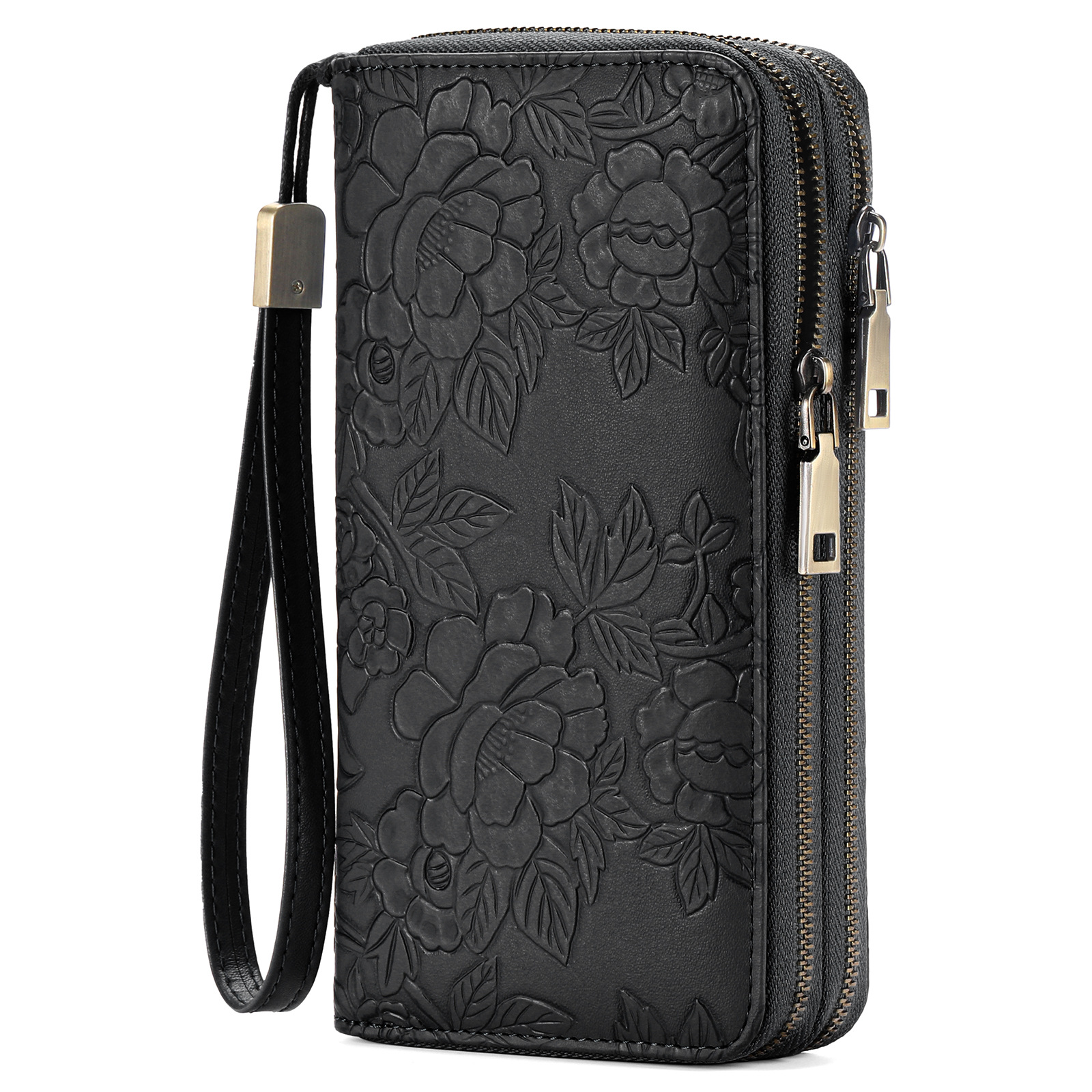 V888-ELOSUNG18166-202504211221-00 Women's Large Capacity Double Zip Wallet Clutch | PU Leather Floral Embossed Wristlet | Phone Holder with 24 Card Slots - Black - Image 1