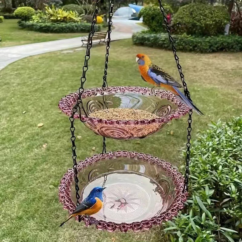 V888-ELOSUNG18182-202504211153-00 2 Set Purle Elegant Hanging Glass Bird Feeder - Double Tier for Garden Birds - Image 1