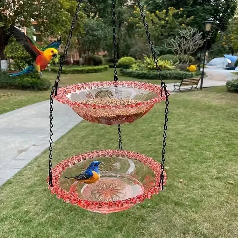 V888-ELOSUNG18183-202504211153-00 2 Set Pink Elegant Hanging Glass Bird Feeder - Double Tier for Garden Birds - Image 1