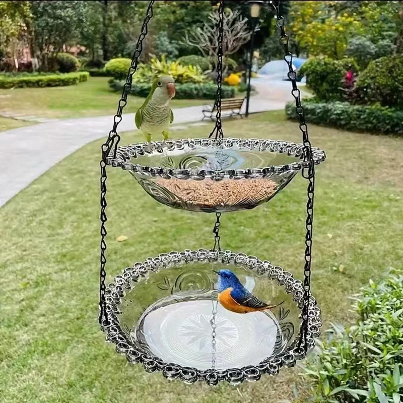 V888-ELOSUNG18184-202504211205-00 2 Set Grey Elegant Hanging Glass Bird Feeder - Double Tier for Garden Birds - Image 1