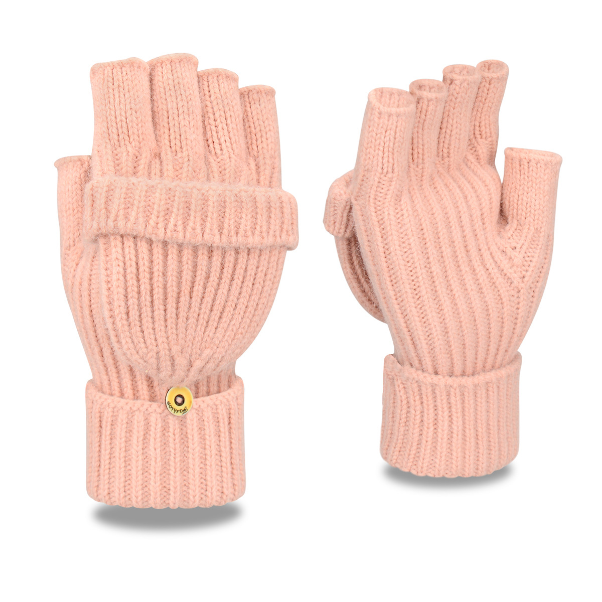 V888-ELOSUNG18306-202506101831-00 Pink Winter Convertible Mittens - Warm Knitted 2-in-1 Fingerless Gloves with Flip Top Cover for Cold Weather - Image 1