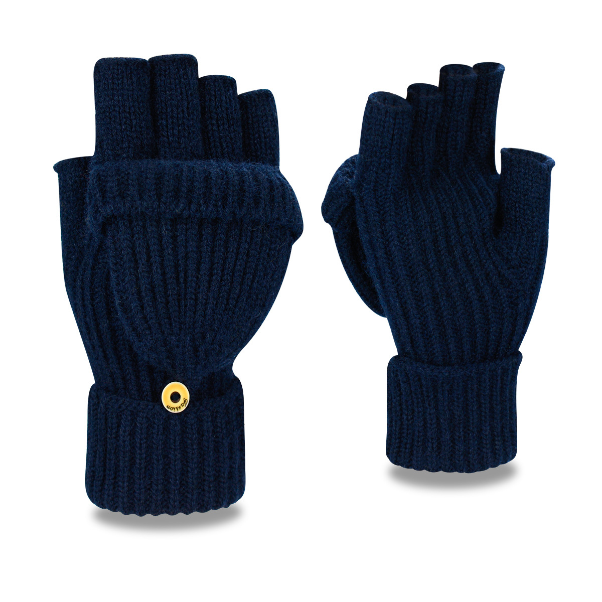 V888-ELOSUNG18307-202506101831-00 Navy Blue Winter Convertible Mittens - Warm Knitted 2-in-1 Fingerless Gloves with Flip Top Cover for Cold Weather - Image 1