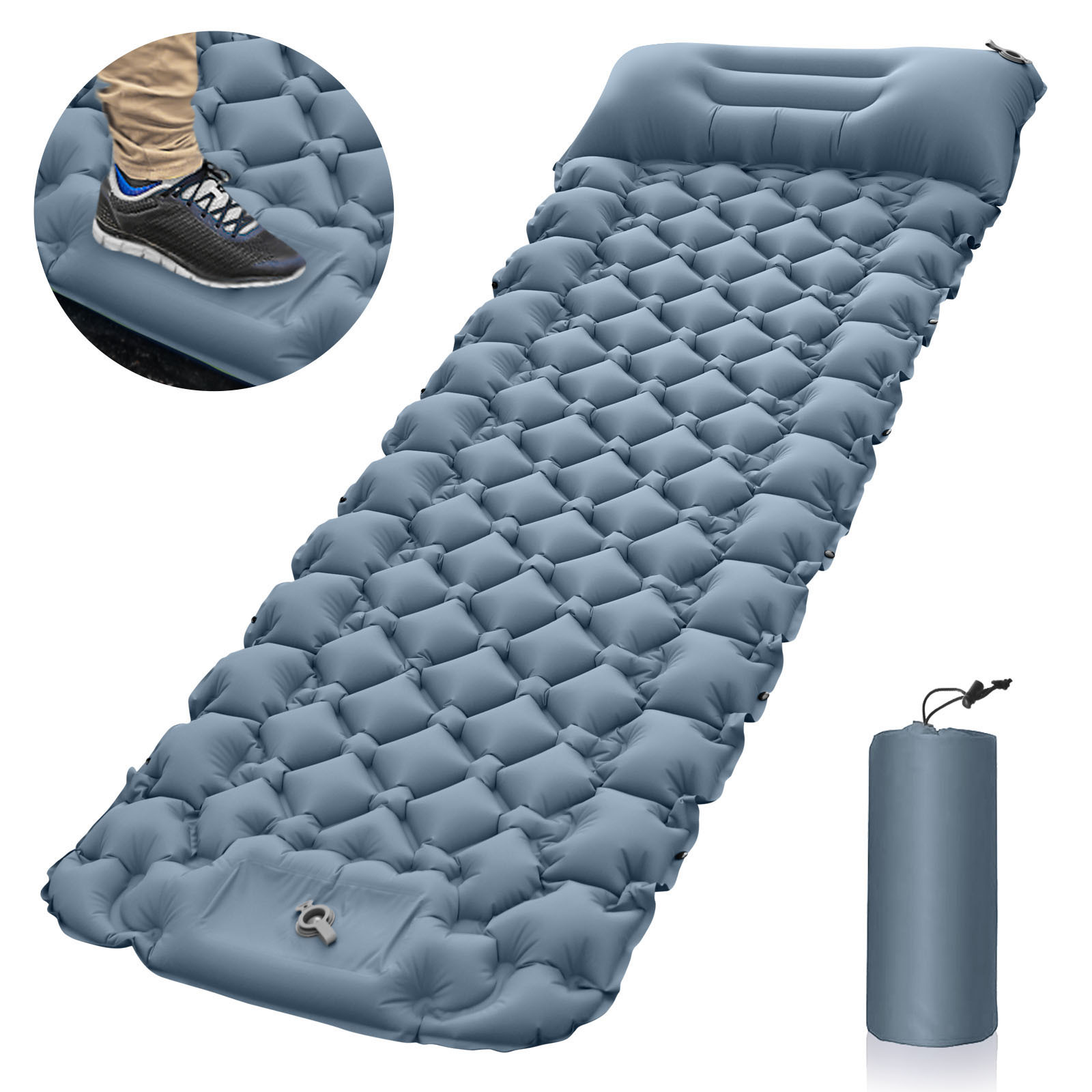 V888-ELOSUNG18324-202506191118-00 Grey Portable Outdoor Inflatable Mat - Foot-Operated Camping Sleeping Pad - Image 1