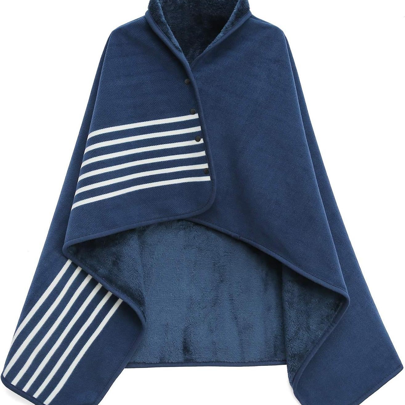 V888-ELOSUNG190118-225909-00 Blue and White Stripes 100x140cm Wearable Fleece Blanket - Soft, Warm & Anti-Pilling, Stylish Plaid Design - Image 1