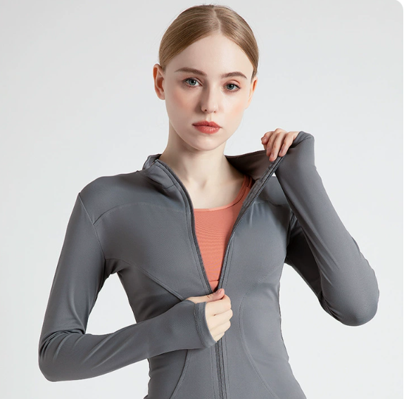 V888-ELOSUNG19016-224649-00 L Grey High-Stretch Slim Fit Yoga Jacket - Full Zip Workout Sports Jacket for Women - Image 1