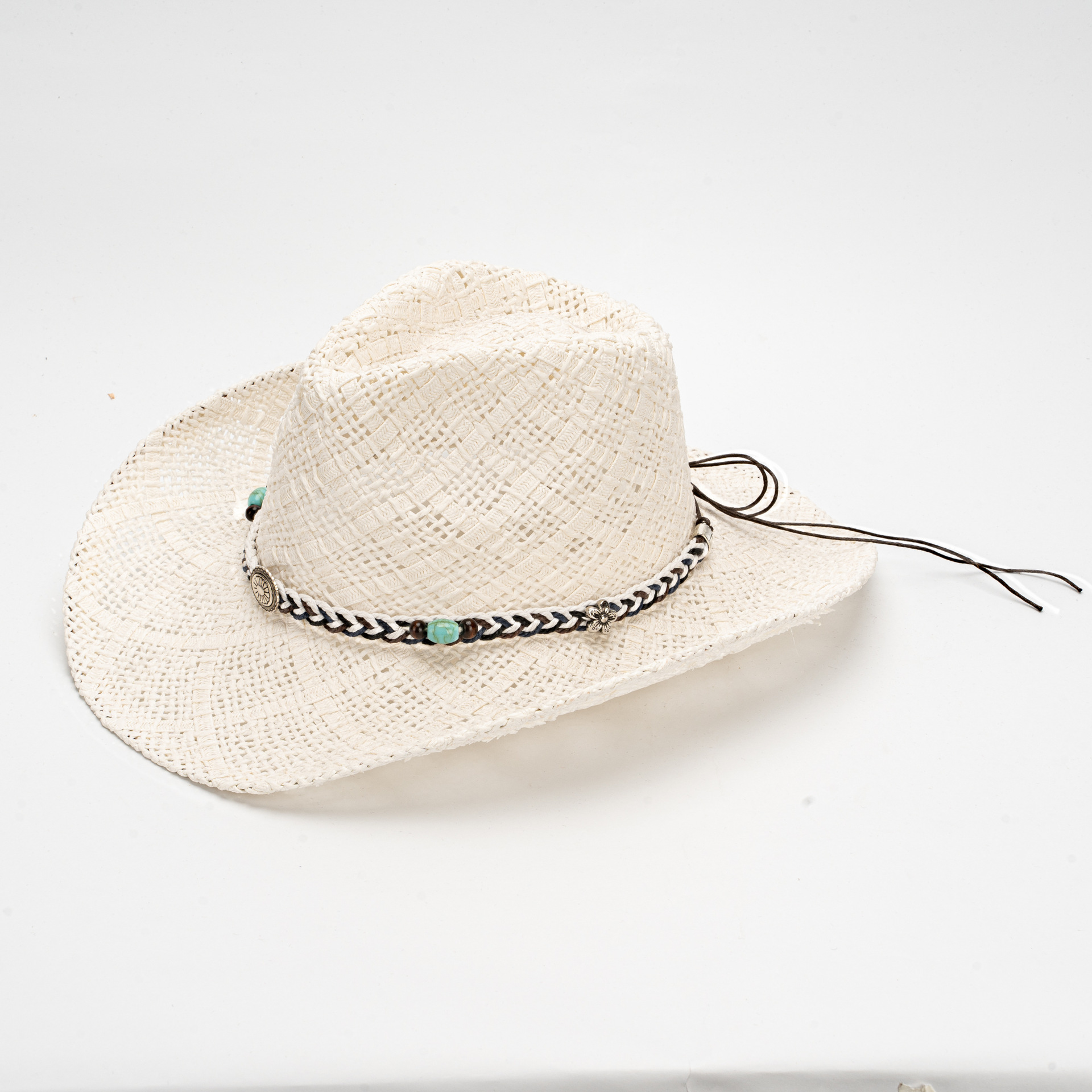 V888-ELOSUNG19216-202502241526-00 White Handmade Straw Cowboy Hat, Summer Sun Hat, Outdoor Sun Protection, Fits Head Size 58-59cm - Image 1