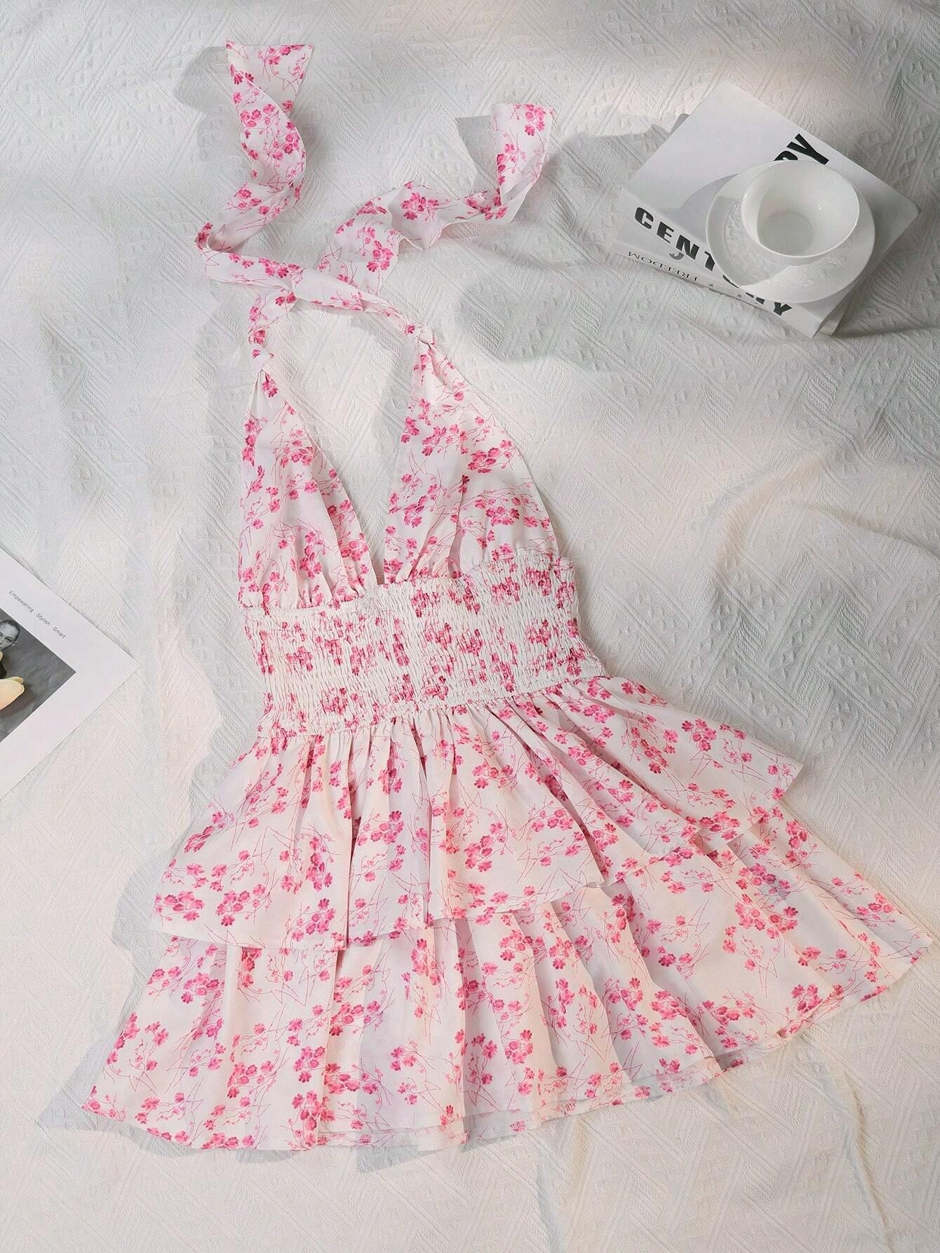 V888-ELOSUNG19348-202502261537-00 L Pink Chic Floral Halter Mini Dress - Ruffled Hem, Open Back - Perfect for Vacation - Image 1