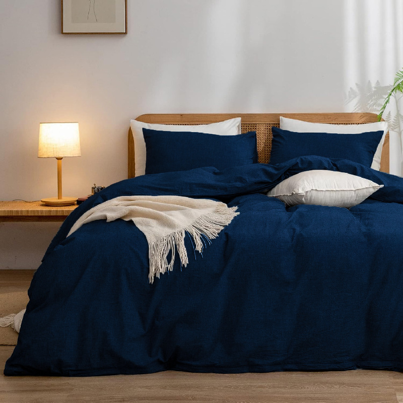 V888-ELOSUNG19453-202503031028-00 Navy Blue 1.8m (Duvet Cover 180*220cm) Luxurious Soft Brushed Microfiber 4-Piece Bedding Set - Pure Color Double Bed Duvet Cover with Fitted Sheet - Image 1