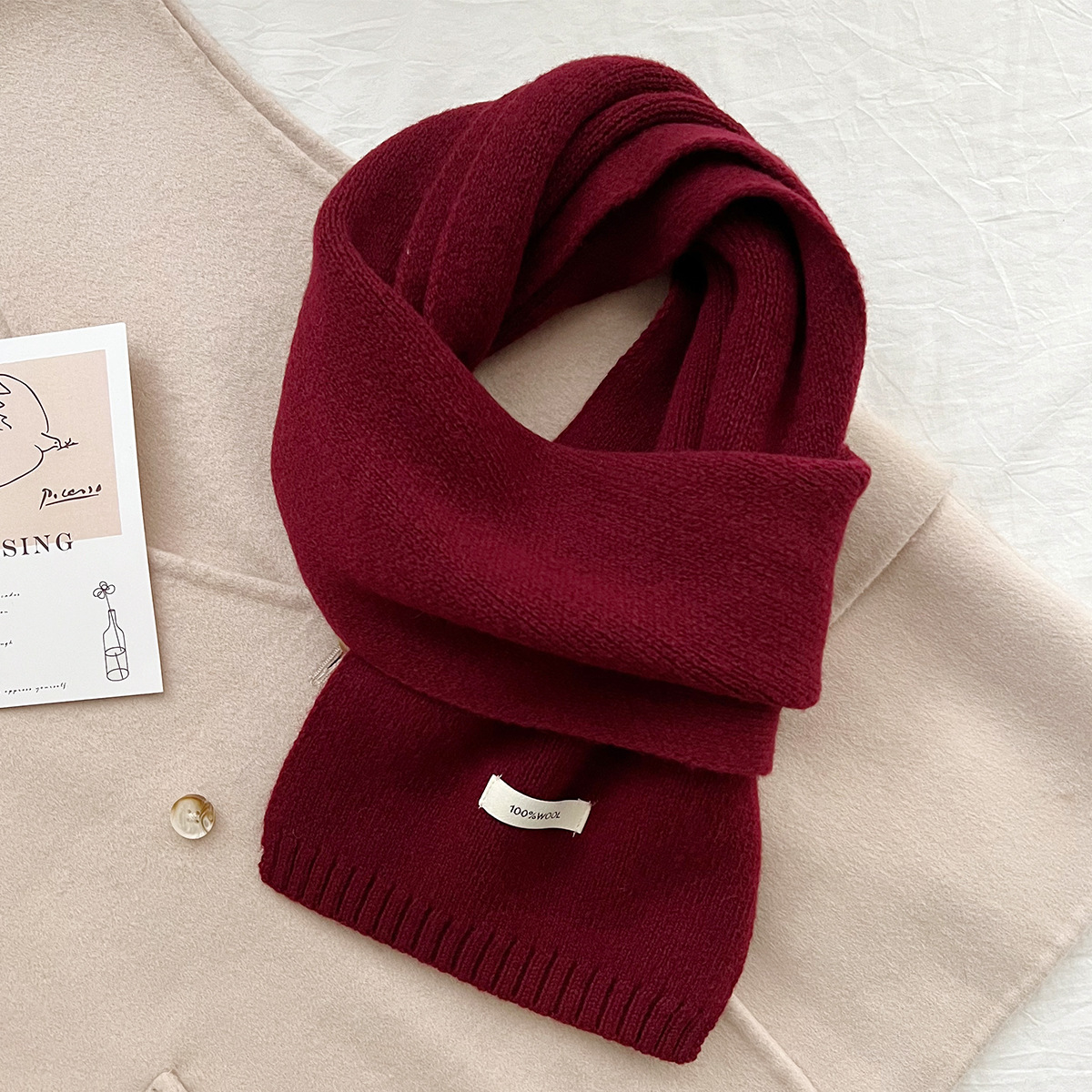 V888-ELOSUNG19617-202503111248-00 Dark Red Luxurious 100% Wool Scarf for Women and Men - Soft, Warm, and Stylish - Image 1