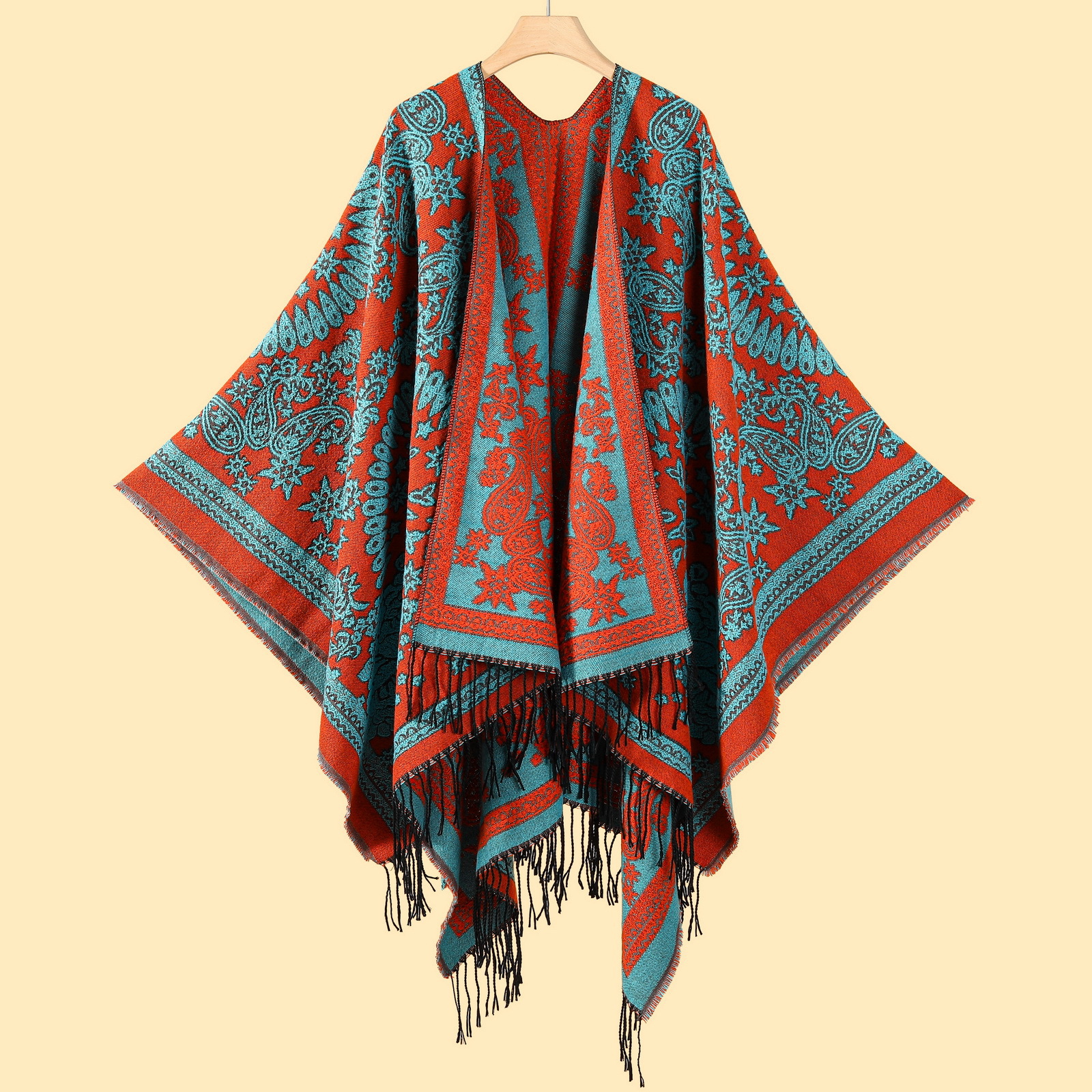 V888-ELOSUNG19669-202503111120-00 Fringed Cashew Totem Orange Elegant Autumn Winter Shawl - Artistic Split-Design Knit Cloak with Oil Painting Style - Image 1