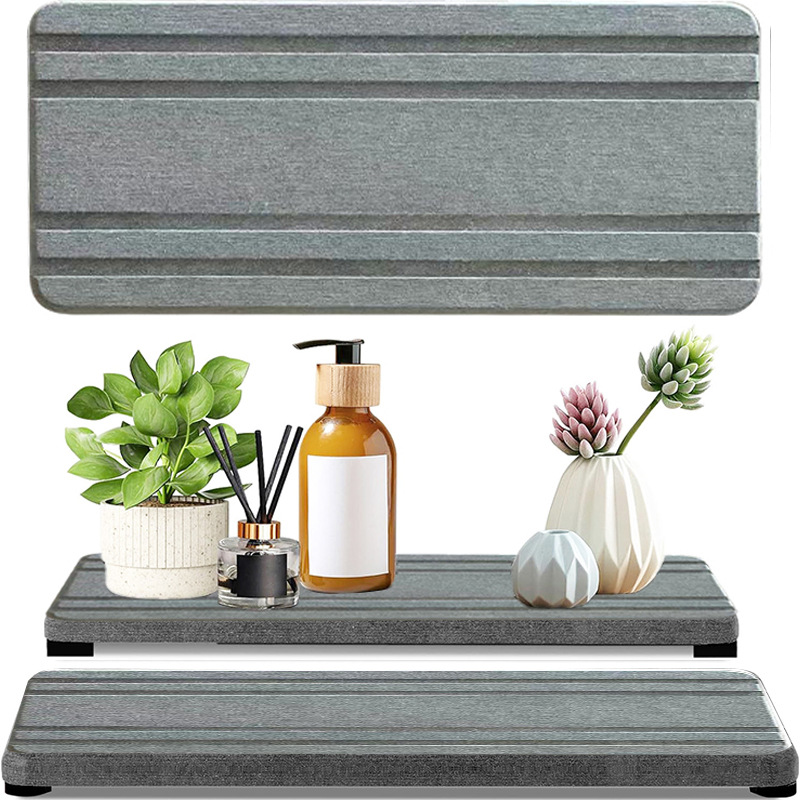 V888-ELOSUNG19716-202503121516-00 Upper And Lower Slots Dark Grey 2-Piece Rectangular Diatomaceous Earth Coaster Set - Absorbent Grooved Mat for Sink and Bathroom - Image 1