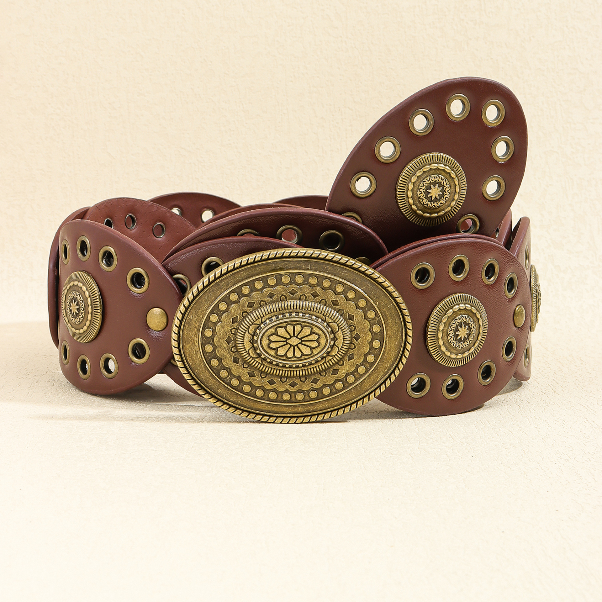 V888-ELOSUNG19819-202503181006-00 Bronze Reddish Brown Vintage Western Post-Apocalyptic Women's Waist Belt with Eyelet Oval Carvings - Image 1
