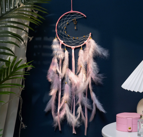 V888-ELOSUNG19909-202503211536-00 Pink 2 PCS Mystic Moon Dreamcatcher Wind Chime Pendant - Elegant Lunar Design with Soothing Tones - Image 1
