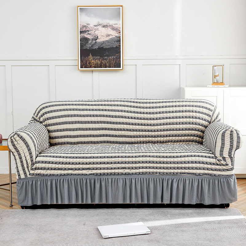 V888-ELOSUNG19947-202503211814-00 Grey-white Single Sofa Bubble Gauze Sofa Cover with Skirt - Full Elastic Dustproof Single Seater 90-140cm - Image 1