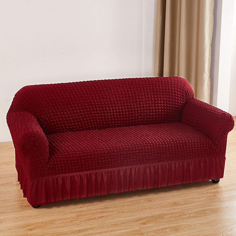 V888-ELOSUNG19955-202503211608-00 Wine-red Double Sofa Bubble Gauze Sofa Cover with Skirt - Full Elastic Dustproof Double Seater 145-185cm - Image 1