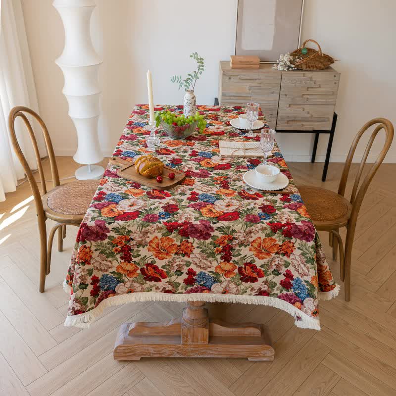 V888-ELOSUNG20025-224130-00 Floral Cotton Linen Tablecloth | Vintage Style Country Garden Design, 100*160cm - Image 1