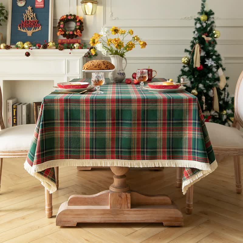 V888-ELOSUNG20032-224363-00 Vintage Plaid Fabric Tablecloth | Classic English Red and Green Plaid Tablecloth for Dining Table and Party Decoration 120*120cm - Image 1