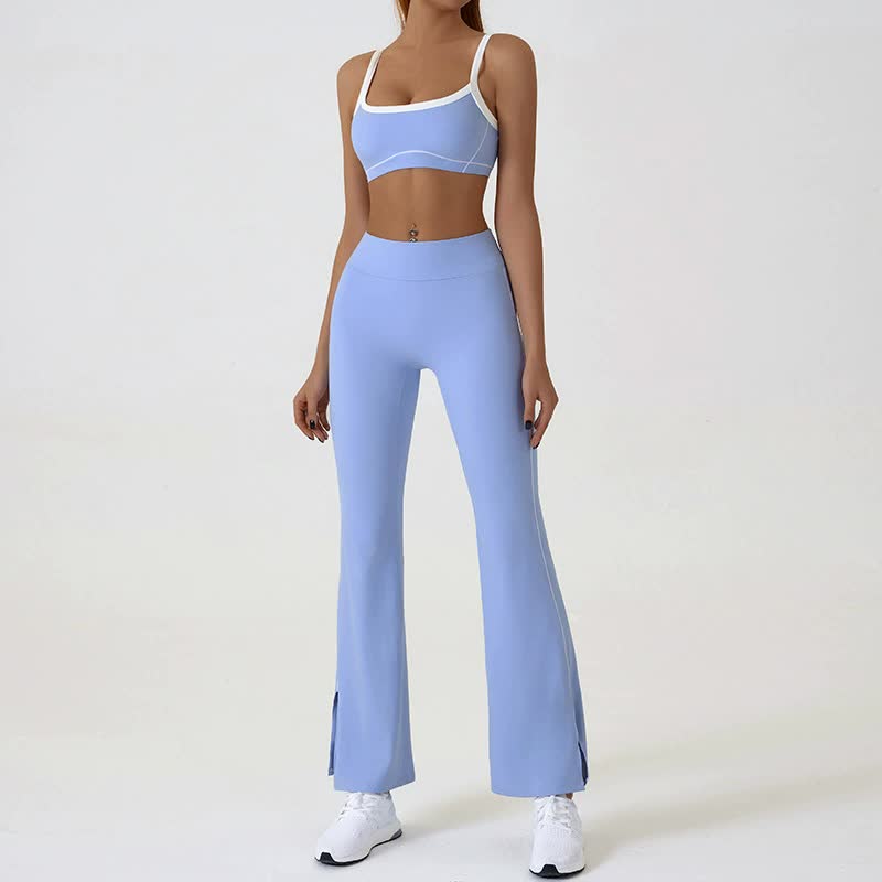 V888-ELOSUNG20087-224437-00 Blue Flared Leggings & Sports Bra Set - Breathable & Stretchy Activewear for Yoga, Running & Gym Workouts Size S - Image 1