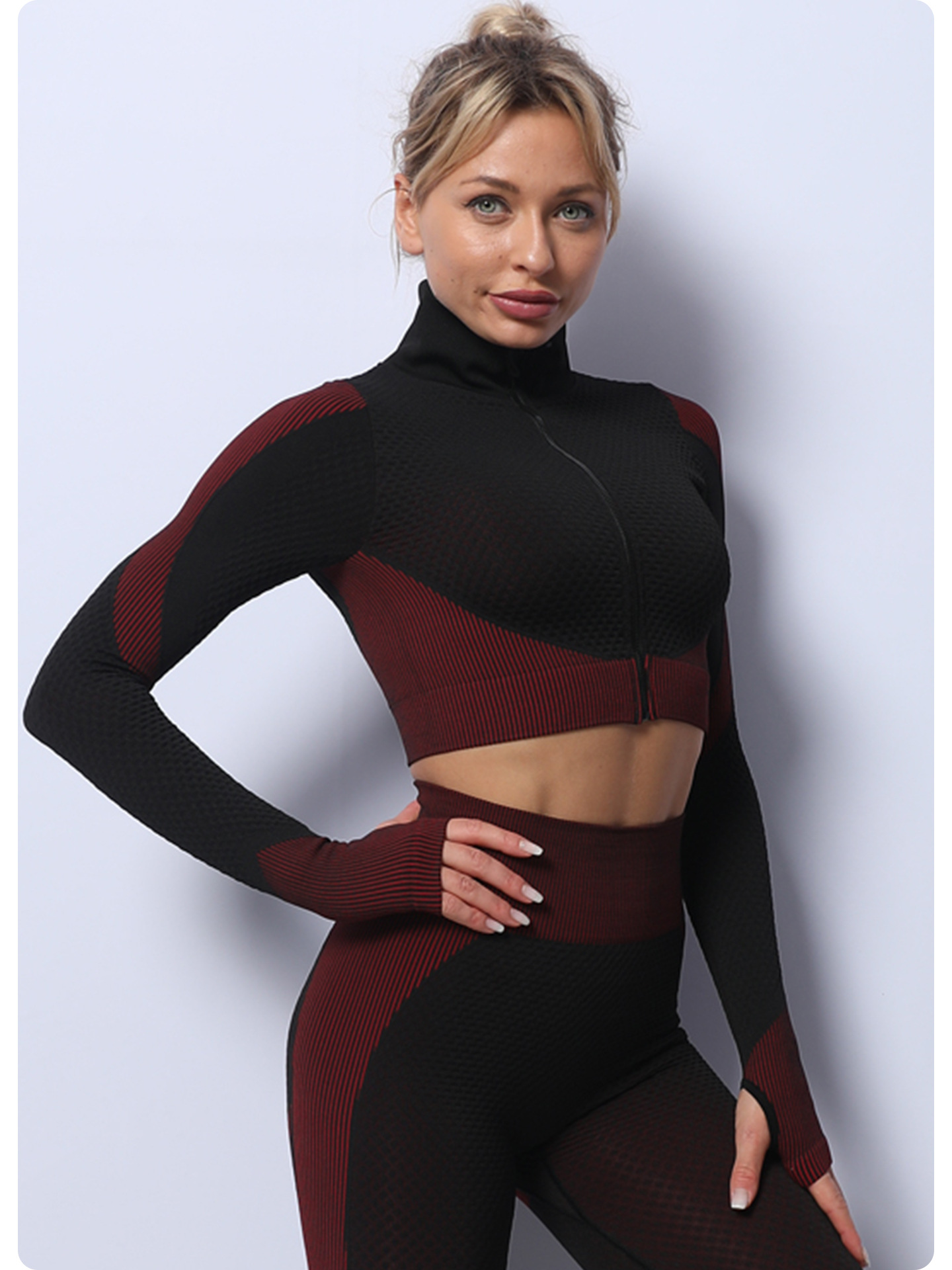 V888-ELOSUNG20206-224959-01 Black+Red High Waist Yoga Set for Women - Sports Bra, Long Sleeve Shirt & Leggings 3-Piece Workout Set Size S - Image 1