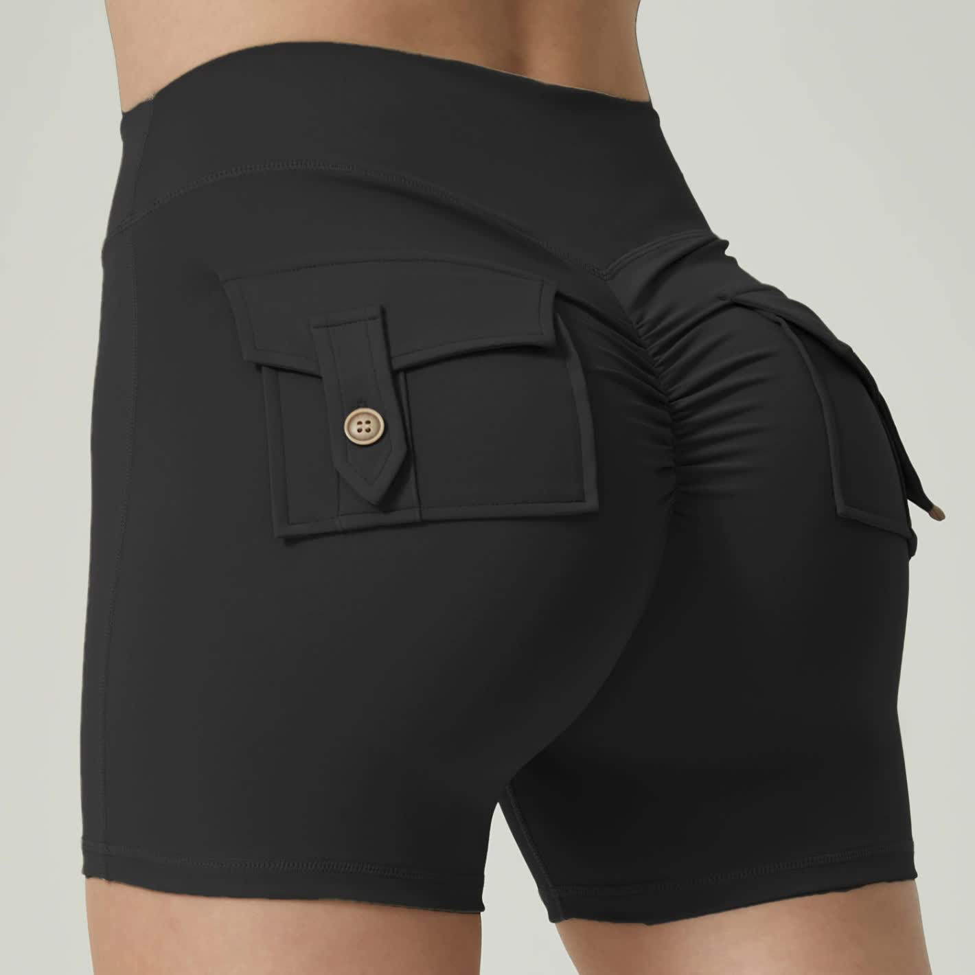 V888-ELOSUNG20240-224134-00 Black High-Waisted Yoga Shorts with Pockets for Women - Butt-Lifting, Breathable, and Comfortable Activewear M - Image 1