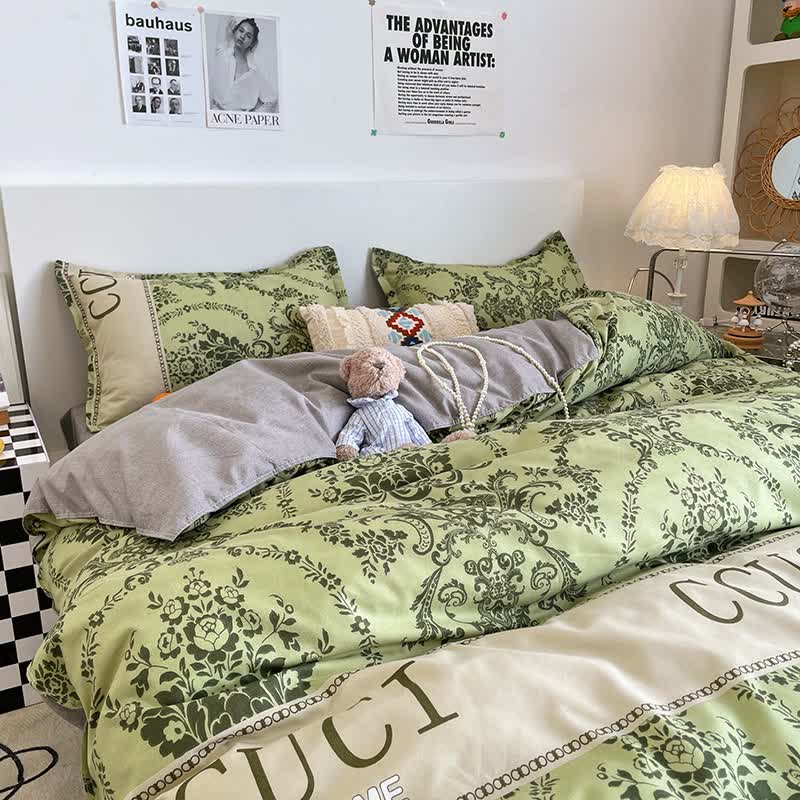 V888-ELOSUNG20321-225827-00 Green Floral 4-Piece Bedding Set - Soft and Lovely Bed Sheets (Quilt 180x220cm, Flat Sheet 230x230cm, Pillowcase 48x47cm*2) - Image 1