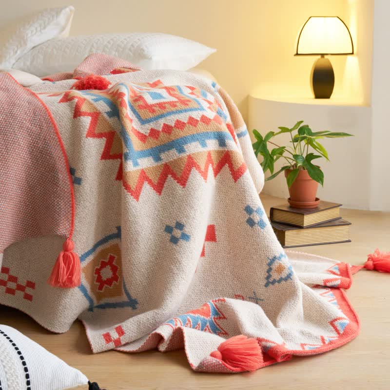 V888-ELOSUNG20329-225988-00 Orange Bohemian Geometric Tassel Throw Blanket - Soft Cotton Blend for Bedroom, Living Room, and Sofa 150x200cm - Image 1